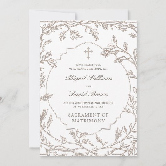 Delicate Brown Foliage Frame Catholic Wedding Kaart (Voorkant)