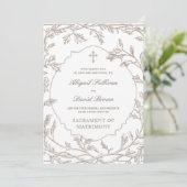 Delicate Brown Foliage Frame Catholic Wedding Kaart (Staand voorkant)