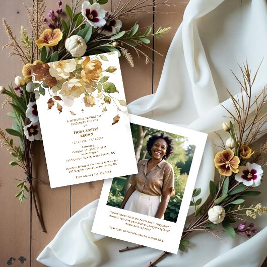 Delicate Brown & Marfil Botanical Floral Funeral Kaart