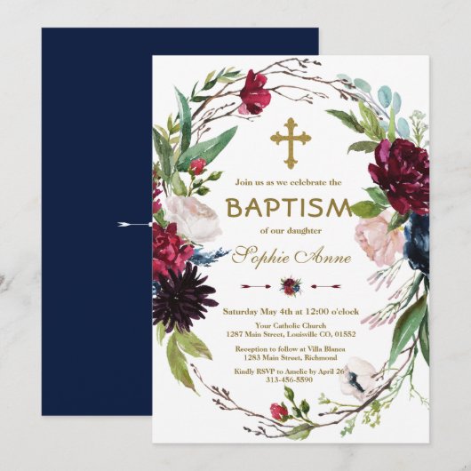 Delicate Burgundy Blue Floral Wreath Girl Baptisme Kaart (Voorkant / Achterkant)