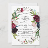 Delicate Burgundy Blue Floral Wreath Wedding Kaart (Voorkant)