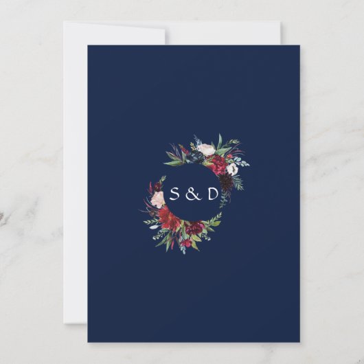 Delicate Burgundy Blue Floral Wreath Wedding Kaart (Achterkant)