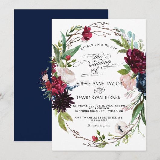 Delicate Burgundy Blue Floral Wreath Wedding Kaart (Voorkant / Achterkant)