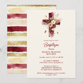 Delicate Burgundy Floral Christian Cross Baptism Kaart