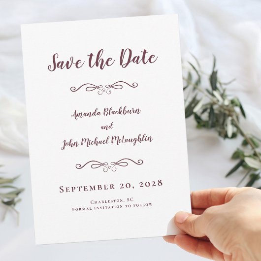 Delicate Burgundy Script Romantic Calligraphy Chic Save The Date