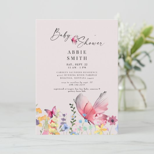Delicate Butterflies en Wildbloemen Baby shower Kaart (Staand voorkant)