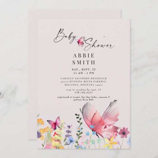Delicate Butterflies en Wildbloemen Baby shower Kaart (Voorkant / Achterkant)