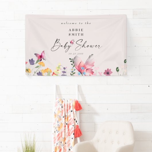 Delicate Butterflies en Wildbloemen Baby shower Spandoek (Insitu)