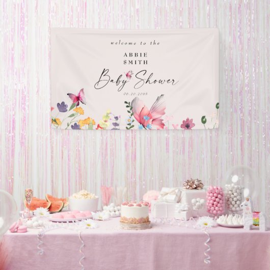 Delicate Butterflies en Wildbloemen Baby shower Spandoek (Feest)