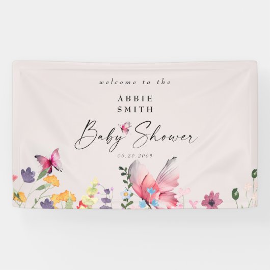 Delicate Butterflies en Wildbloemen Baby shower Spandoek (Horizontaal)