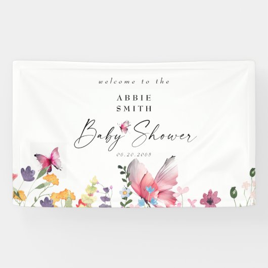 Delicate Butterflies Wildbloemen Wit Baby shower Spandoek (Horizontaal)