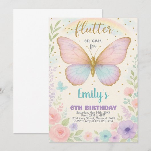 Delicate Butterfly Verjaardag Uitnodiging (Voorkant / Achterkant)