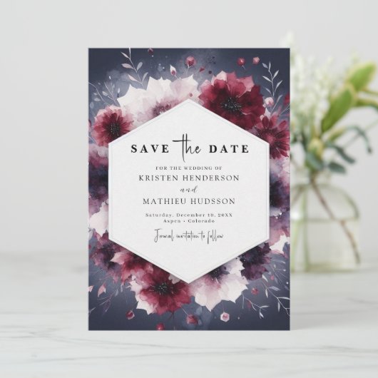 Delicate Calligraphy Bourgogne bruiloft Save The Date (Staand voorkant)