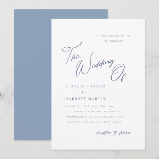 Delicate Calligraphy Dusty Blue Wedding Invitation Kaart (Voorkant / Achterkant)