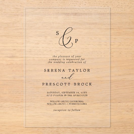 Delicate Calligraphy Monogram Elegant Trouwen Acryl Uitnodigingen (Voorkant)