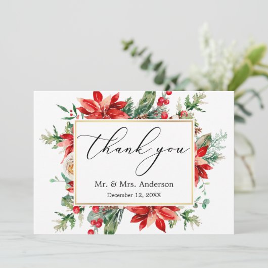 Delicate Calligraphy Poinsettia Greenery Wedding Bedankkaart (Staand voorkant)
