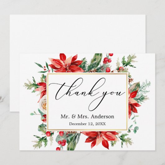 Delicate Calligraphy Poinsettia Greenery Wedding Bedankkaart (Voorkant / Achterkant)