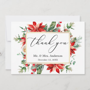 Delicate Calligraphy Poinsettia Greenery Wedding Bedankkaart