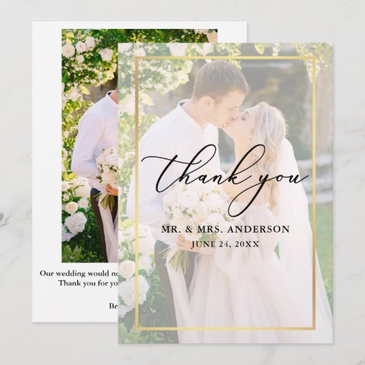 Delicate Calligraphy Wedding 2 foto goud overlay Bedankkaart (Voorkant / Achterkant)