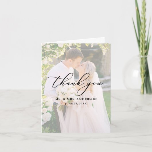 Delicate Calligraphy Wedding 2 foto overlay opmerk Bedankkaart (Voorkant)