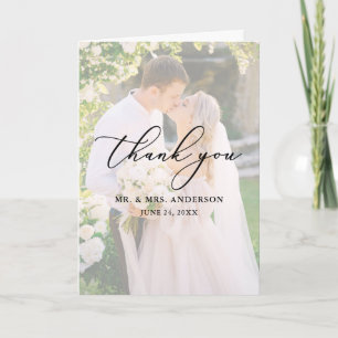 Delicate Calligraphy Wedding 2 Photo Overlay Fold Bedankkaart