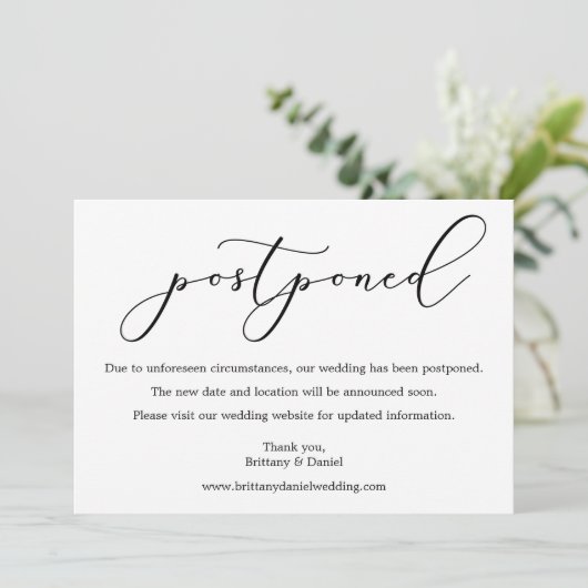Delicate Calligraphy Wedding Postponed Kaart (Staand voorkant)