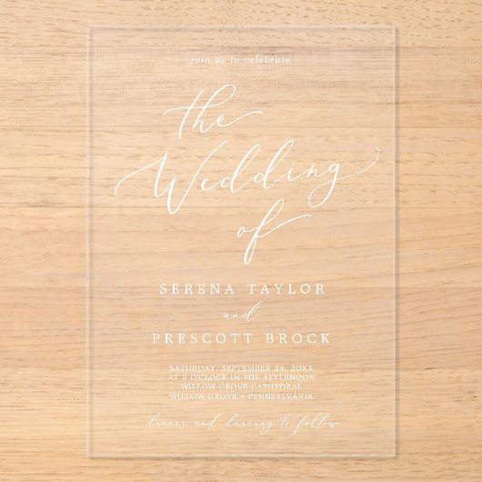Delicate Calligraphy White Modern Classic Wedding Acryl Uitnodigingen (Voorkant)