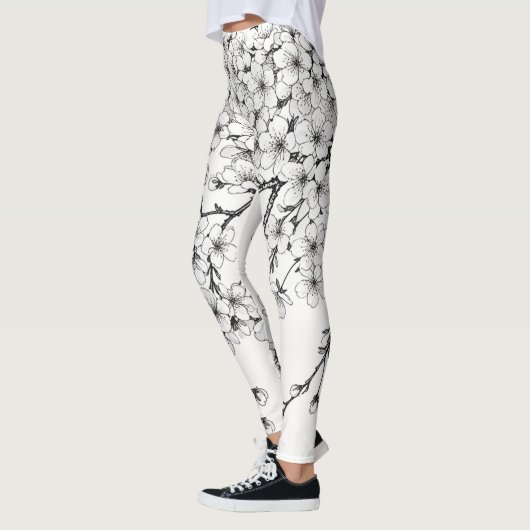 Delicate Cherry Blossom Art in Monochrome Leggings (Links)