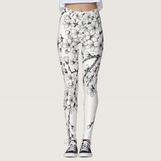 Delicate Cherry Blossom Art in Monochrome Leggings
