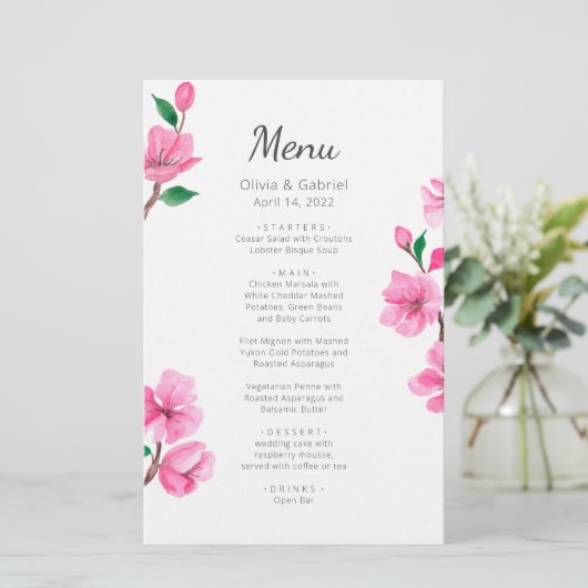 Delicate Cherry Blossom. Menu lente bruiloft (Staand voorkant)