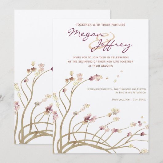 Delicate Cherry Blossom Wedding Invitation Kaart (Voorkant / Achterkant)