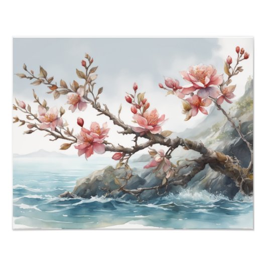 Delicate Cherry Blossoms Waterverf schilderij Foto Afdruk (Voorkant)