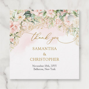 Delicate coquette roze rozen goud en groen bedankjes labels