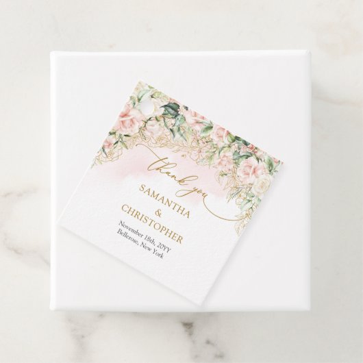 Delicate coquette roze rozen goud en groen bedankjes labels (In situ)