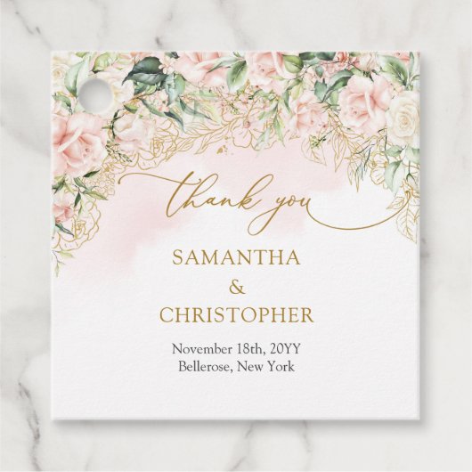 Delicate coquette roze rozen goud en groen bedankjes labels (Voorkant)