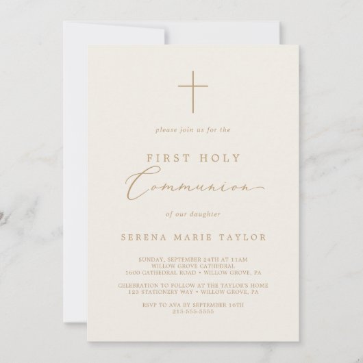 Delicate Cream Gold Cross Eerste Heilige Communie Kaart (Voorkant)