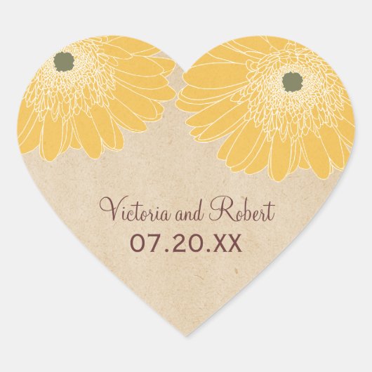 Delicate Daisies Wedding Stickers, geel Hart Sticker (Voorkant)