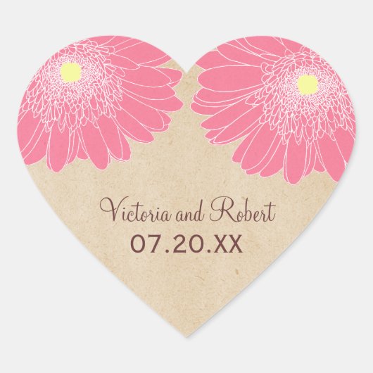 Delicate Daisies Wedding Stickers, Roze Hart Sticker (Voorkant)