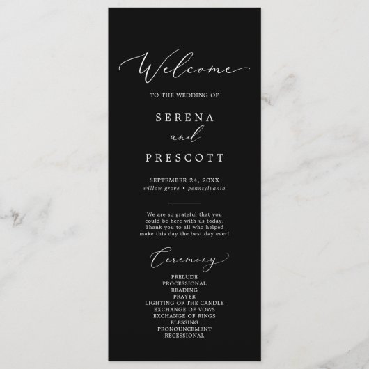Delicate Dark Black Calligraphy Wedding Programme Programmakaart (Voorkant)