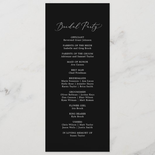 Delicate Dark Black Calligraphy Wedding Programme Programmakaart (Achterkant)