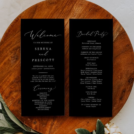 Delicate Dark Black Calligraphy Wedding Programme Programmakaart
