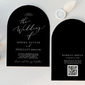 Delicate Dark Black QR Code Boho Boog Huwelijk Kaart