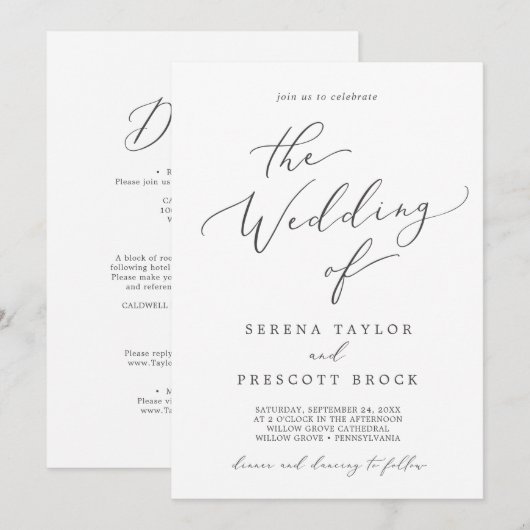 Delicate donkergrijze kalligrafie in één bruiloft kaart (Voorkant / Achterkant)