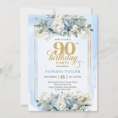 Delicate dusty blue gold trim 90th birthday invite kaart (Voorkant)