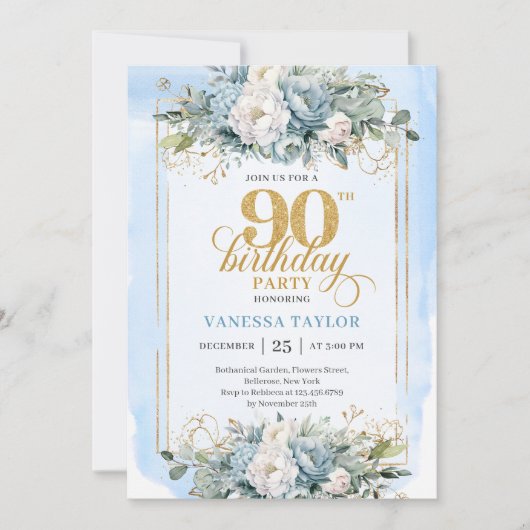 Delicate dusty blue gold trim 90th birthday invite kaart (Voorkant)