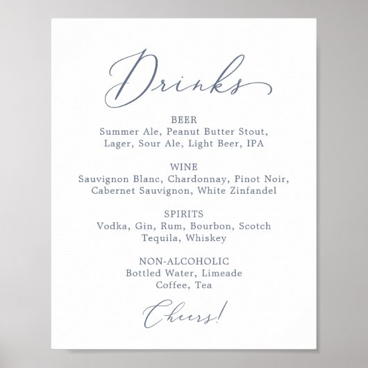 Delicate Dusty Blue Wedding Drink Menu Sign Poster (Voorkant)