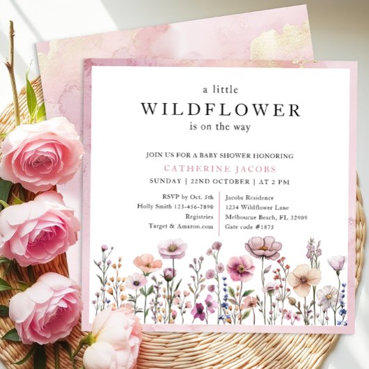 Delicate Dusty Pink Wildflower Baby shower Invitat Kaart