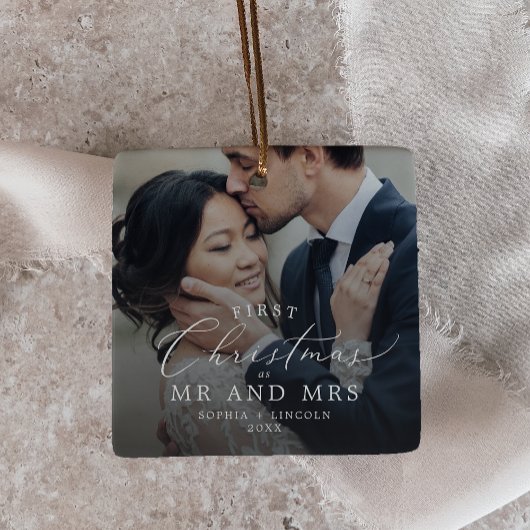 Delicate Eerste Kerstmis Mr en Mrs Dark Foto Keramisch Ornament