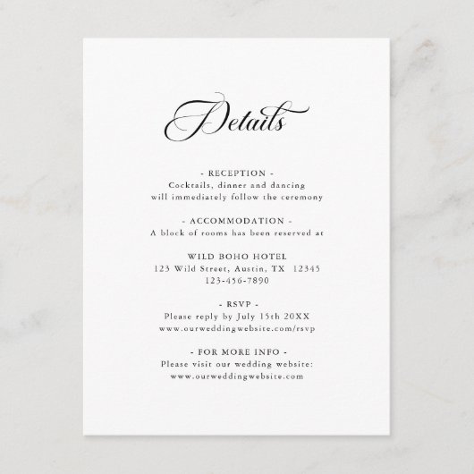 Delicate Elegant Huwelijk Zwart & Wit Details Informatiekaartje (Voorkant)