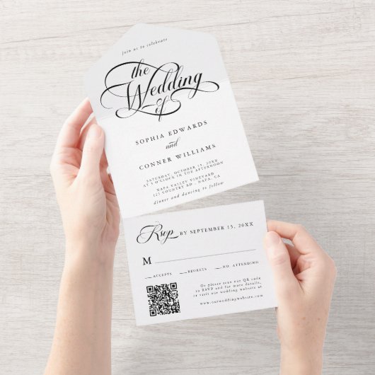 Delicate Elegant Script Trouwen Zwart & Wit All In One Uitnodiging (Afscheurbaar)